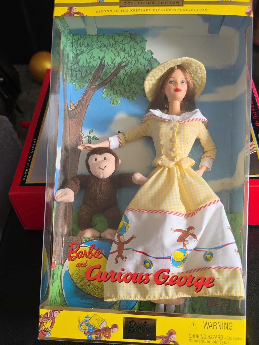 Barbie Yellow Gingham Dress with White Curious George Skirt and Straw Hat